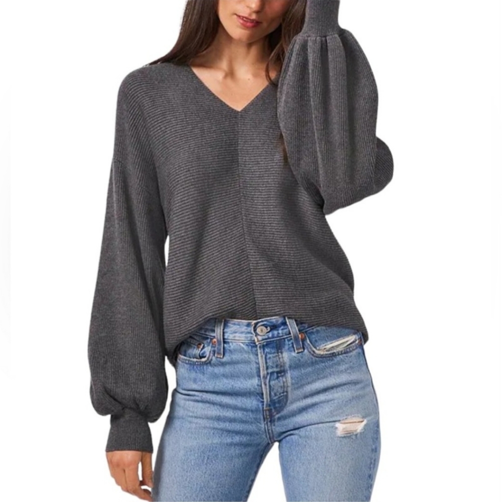 1.State Ribbed Grey Cotton Blend Balloon Sleeve Knit Top‎